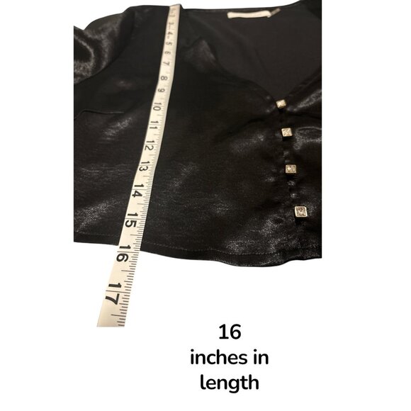 Womens Shiny Black Long Sleeve Button Front Crop Top - Picture 11 of 11